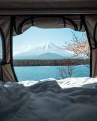 James Baroud Hartschalen-Dachzelt. Blick aus dem inneren durch ein großes Fenster auf einen See.