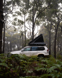 James Baroud Hartschalen-Dachzelt  montiert auf einem Offroad-Fahrzeug im Wald.