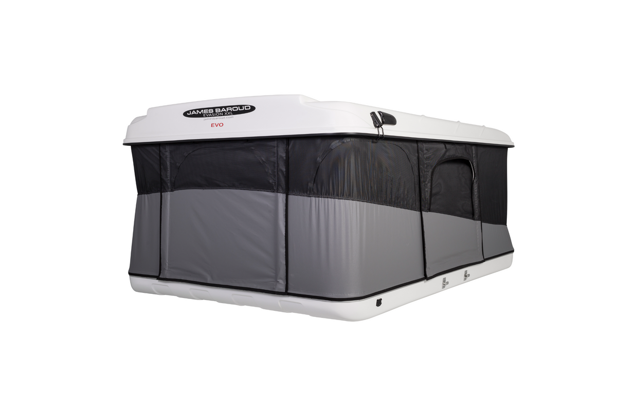 James Baroud Hartschalen-Dachzelt Evasion weiß Produktfoto. Aufgebaut. Von der Seite. Fenster und Einstieg geschlossen.