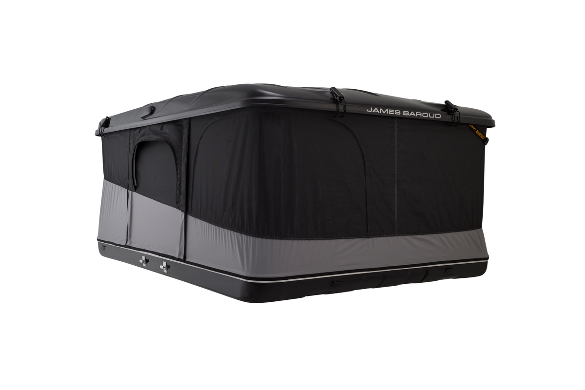 James Baroud Hartschalen-Dachzelt Grand Raid schwarz Produktfoto. Aufgebaut. Von der Seite. Fenster und Einstieg geschlossen.
