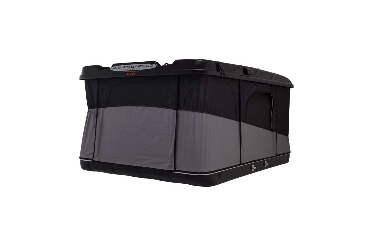 James Baroud Hartschalen-Dachzelt Explorer schwarz Produktfoto. Aufgebaut. Von der Seite. Fenster und Einstieg verschlossen.