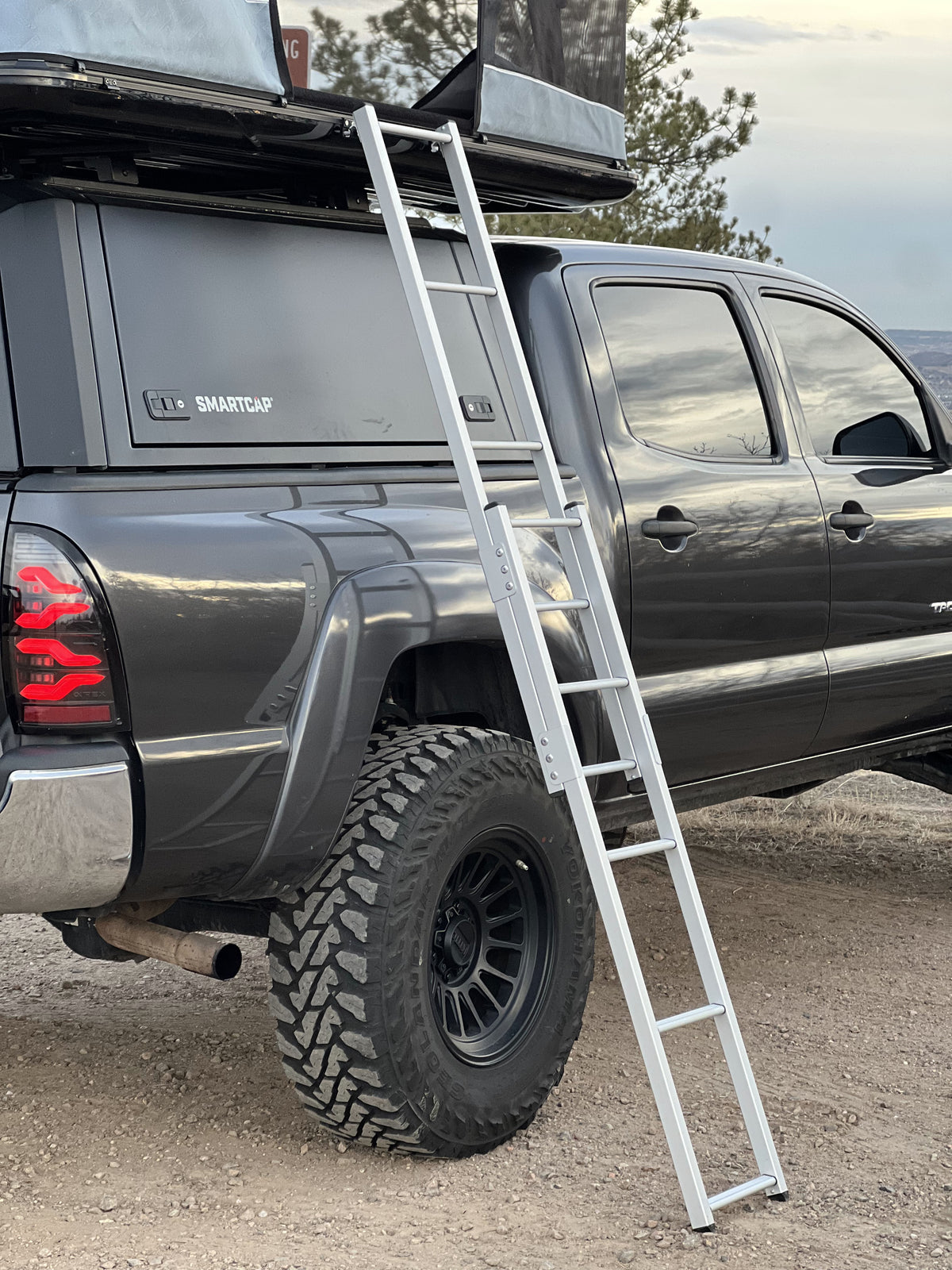 Aufgebaute Aluminium Leiter am Dachzelt