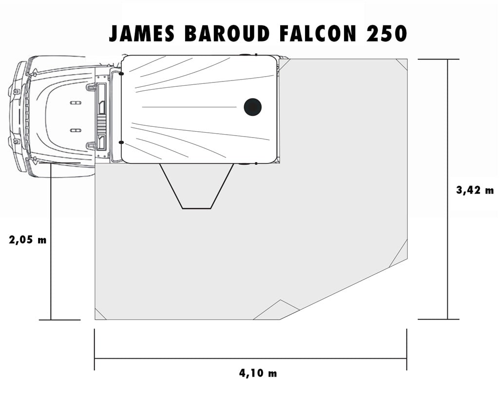 James Baroud Falcon 270° Zeichnung von oben mit Außenmaße im Aufgebauten Zustand.